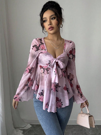 Floral Print Flared Sleeve Top