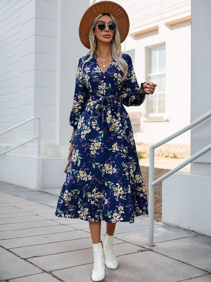 Floral Print Puff Sleeve Fit & Flare Midi Dress - Nowi Korean Fashion
