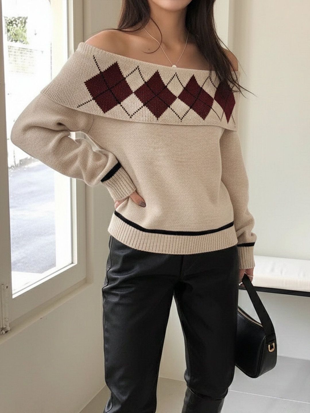 Women's Brown Nowi Women Argyle Checked Pullover