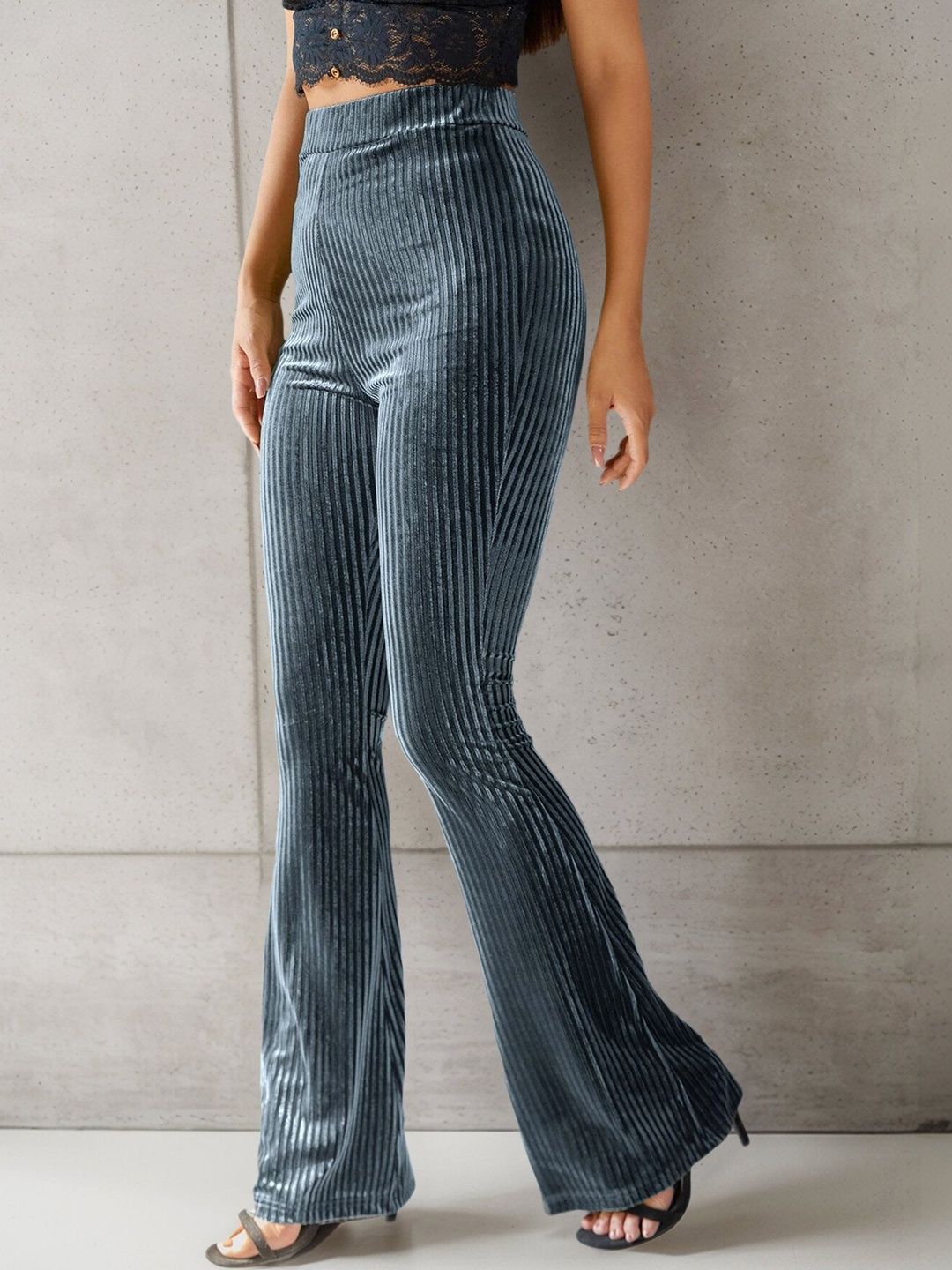 Women Textured Flared High-Rise Trousers