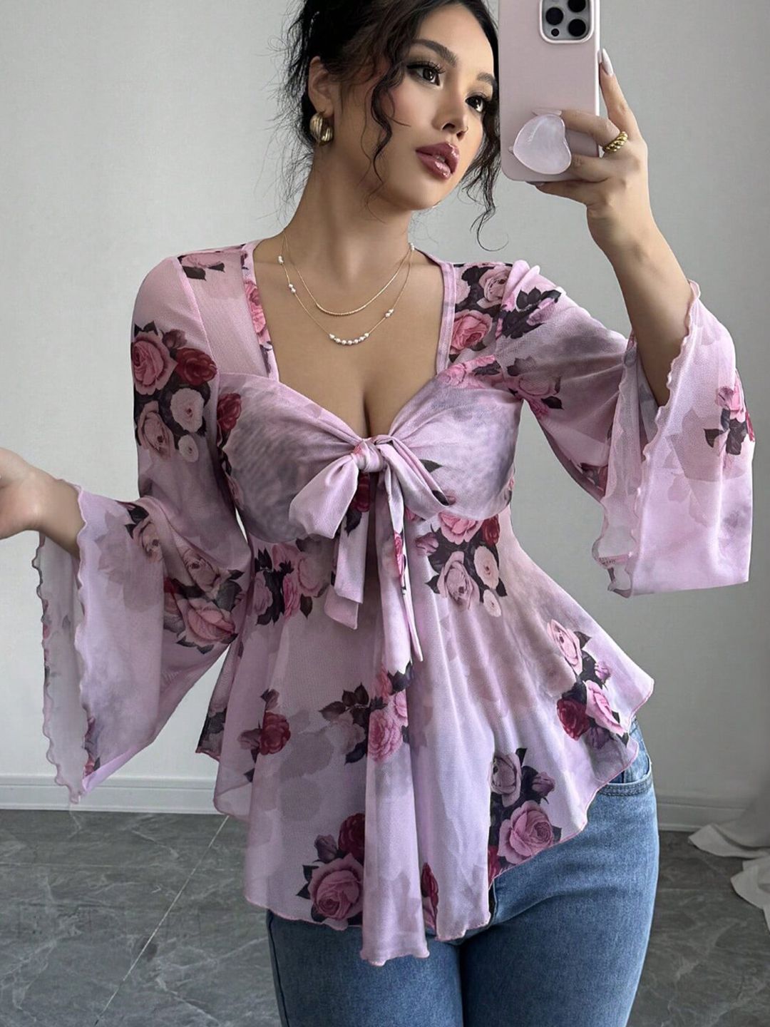 Floral Print Flared Sleeve Top