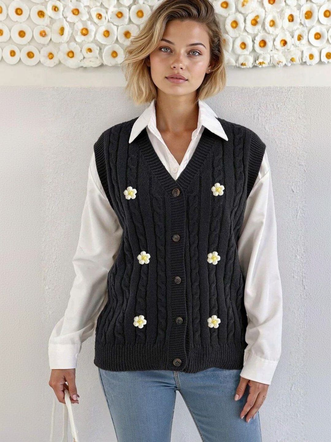 Cable Knit Colourblocked Sweater Vest with Applique Detail in Grey acrylic - Nowi Korean Fashion