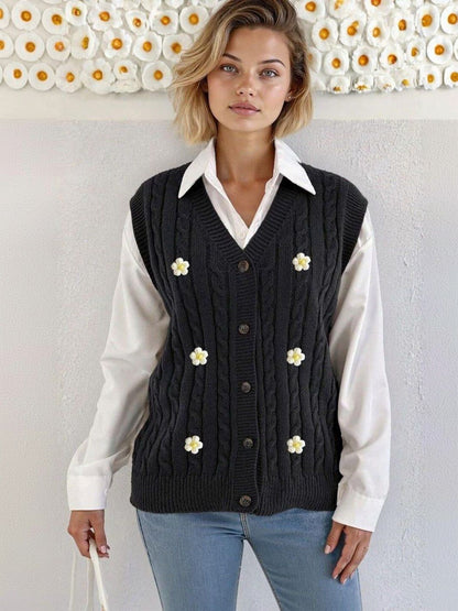 Cable Knit Colourblocked Sweater Vest with Applique Detail in Grey acrylic - Nowi Korean Fashion