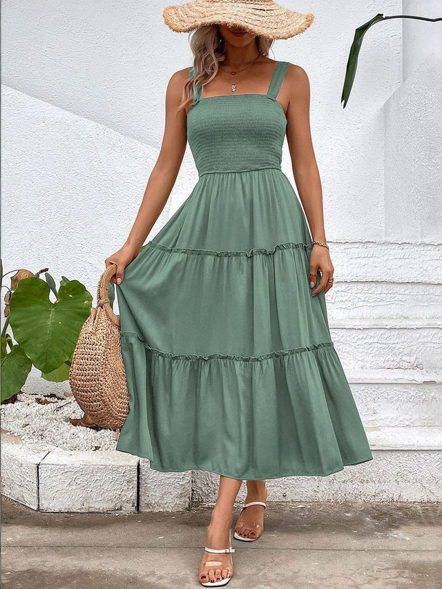 Fit & Flare Midi Dress in Green cotton - Nowi Korean Fashion