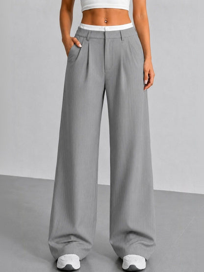 Women Striped Relaxed High-Rise Wrinkle Free Pleated Trousers