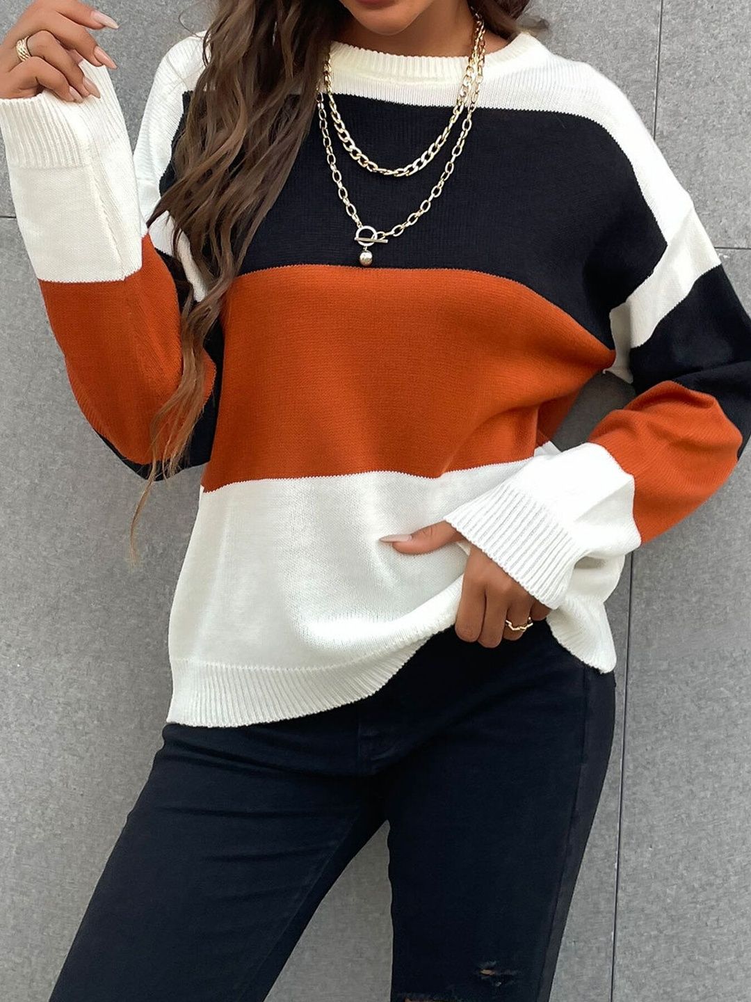 Women's Brown Colourblocked Pullover Blend Printed