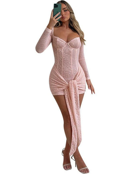 Bodycon Mini Dress in Pink polyester Long Sleeve - Nowi Korean Fashion