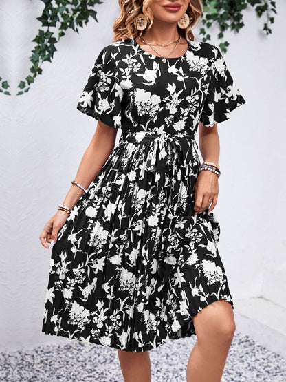 Floral Print Flared Sleeve Fit & Flare Midi Dress