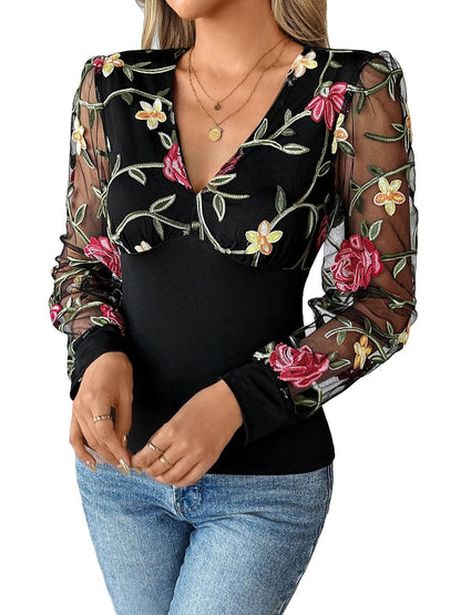 Women's Black Floral Embroidered Cotton Top