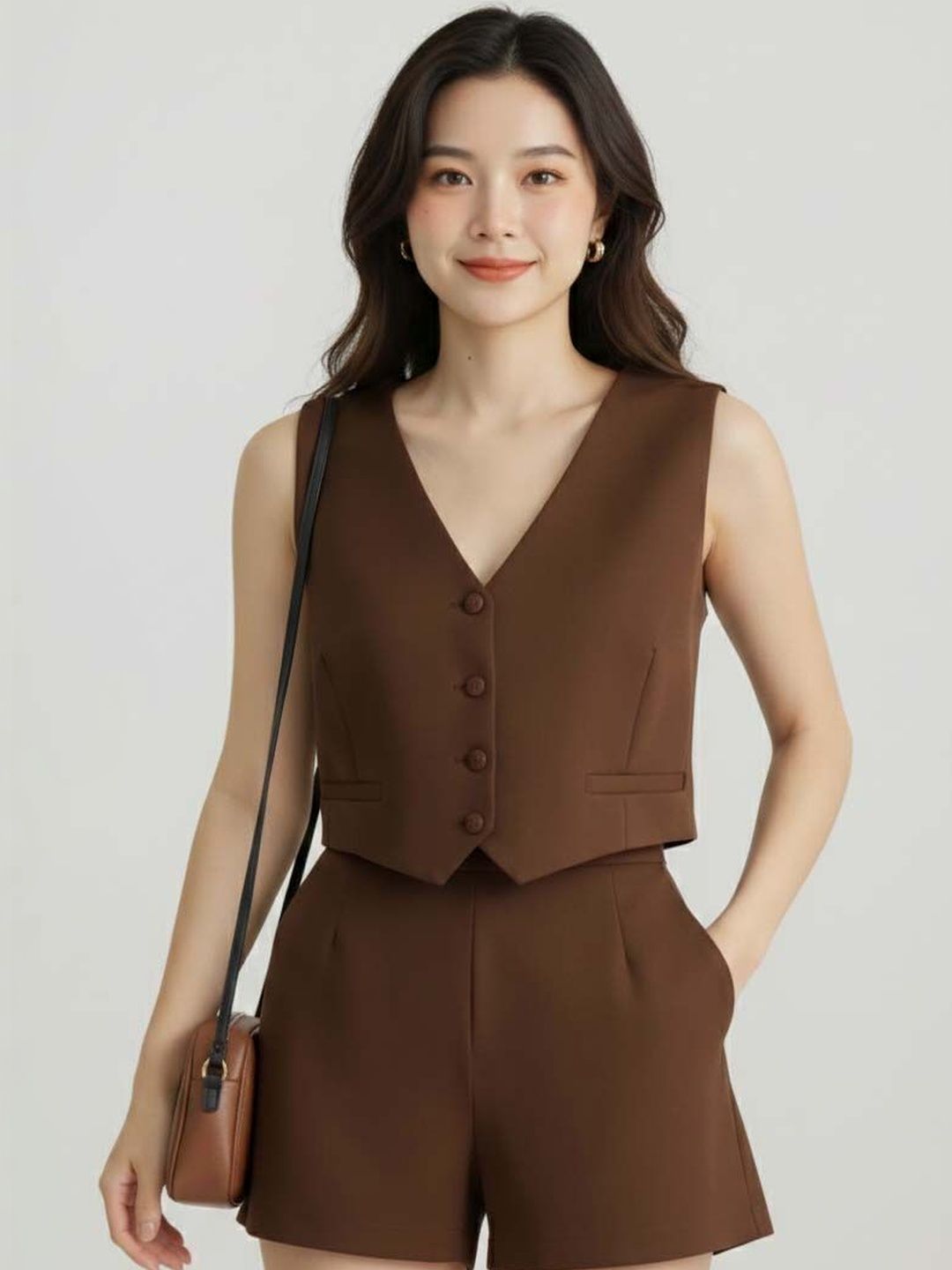 Brown Solid Vest Top with Shorts
