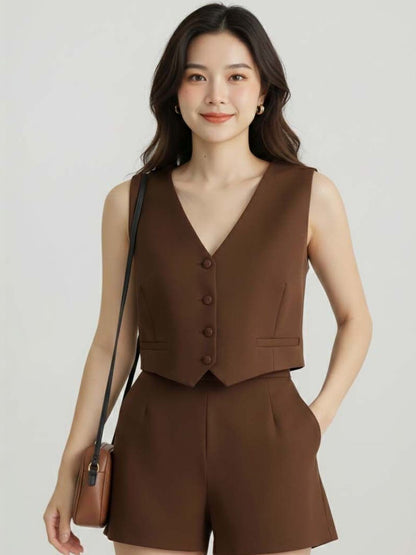 Brown Solid Vest Top with Shorts