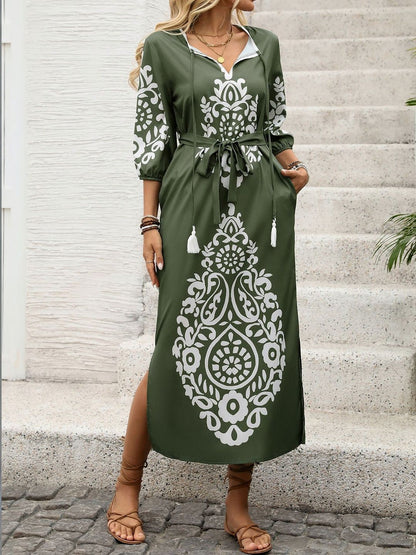 Ethnic Motifs Print Tie-Up Neck Maxi Dress
