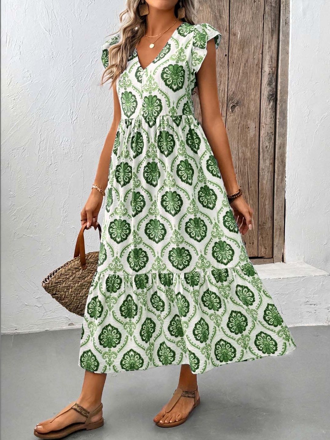Bohemian Ethnic Motif Flutter Sleeve Midi Dress