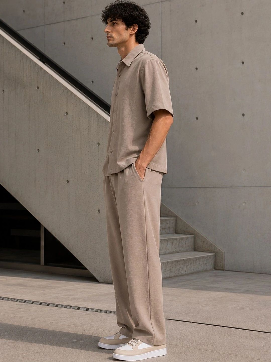 Men Brown Solid Shirt with Trousers Co-Ords