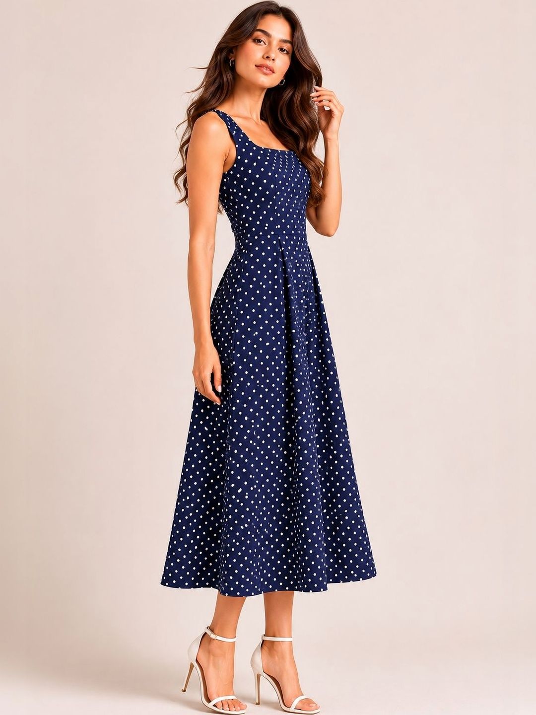 Polka Dot Print Satin A-Line Midi Dress