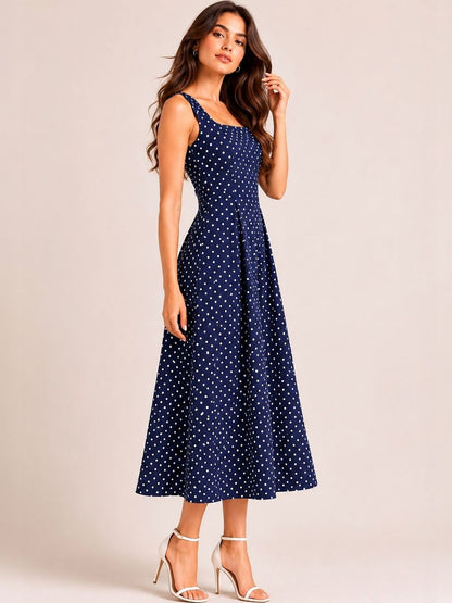 Polka Dot Print Satin A-Line Midi Dress