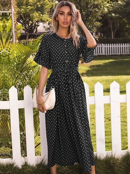 Polka Dot Print Puff Sleeve Fit & Flare Midi Dress