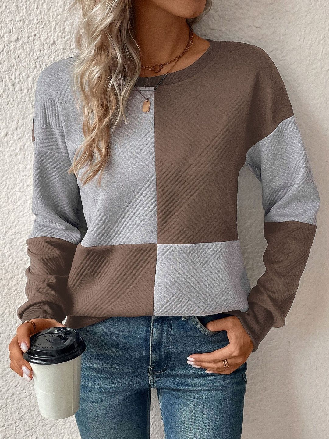 Colourblocked Sweatshirt in Brown Cotton Long Sleeve - Nowi Korean Fashion