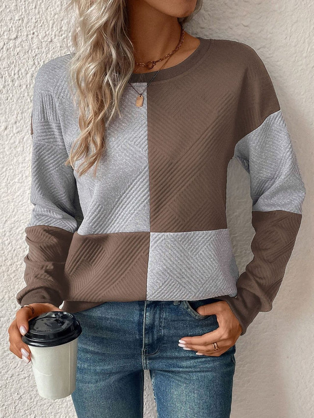 Colourblocked Sweatshirt in Brown Cotton Long Sleeve - Nowi Korean Fashion